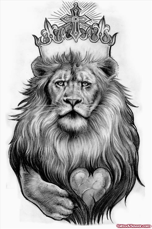 Grey Ink King Lion With Heart Tattoo Design