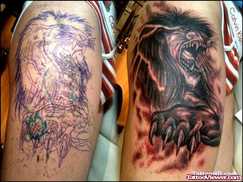 Dark Ink Lion Tattoo On Half Sleeve