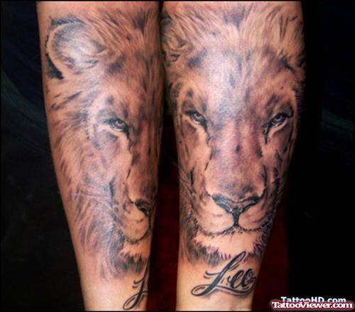 Awesome Grey Ink Lion Tattoo On Sleeve