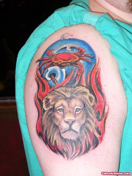 Red Crab And Lion Tattoo On Right Shoulder