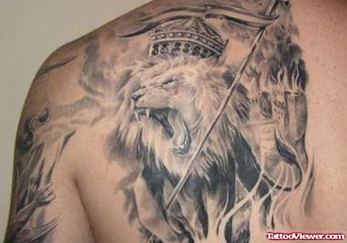 Grey Ink King Lion Tattoo On Left Back Shoulder