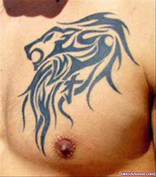 Black Ink Tribal Lion Tattoo Design On Chest