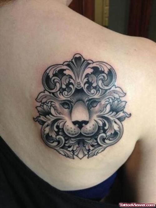 Best Grey Ink Lion Head Tattoo On Right Back Shoulder