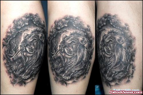 Awful Grey Ink Lion Tattoo On Leg