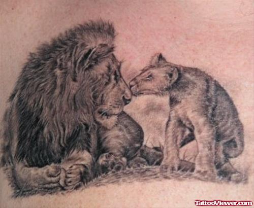 Awesome Grey Ink Lion And Cub Tattoo