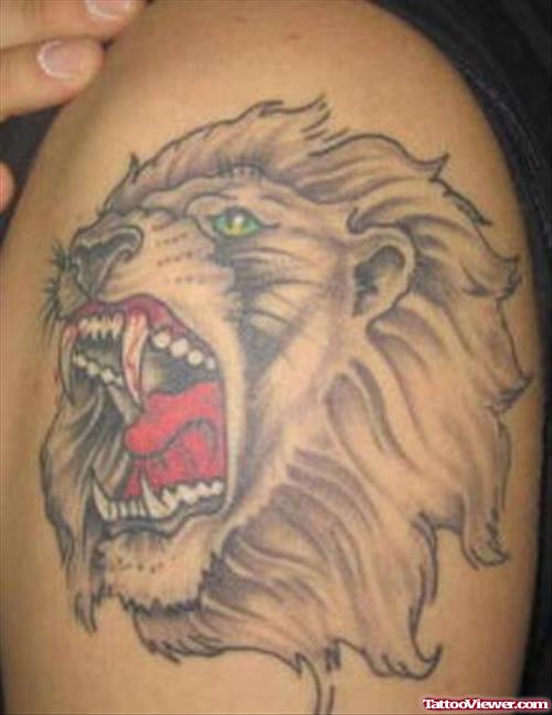 Quality Grey Ink Lion Head Tattoo On Shoulder