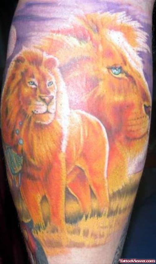 Awesome Colored Lion Tattoo On Leg