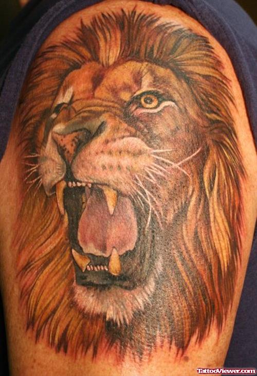 Colored Roaring Lion Tattoo On Half Sleeve