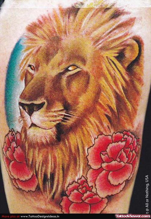 Red flowers And Lion Head Tattoo On Shoulder