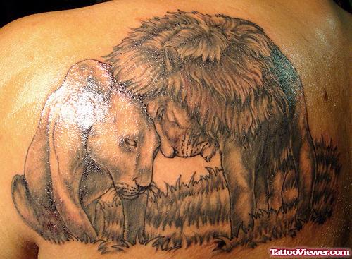 Grey Ink Lion Head Tattoo On Left Back Shoulder