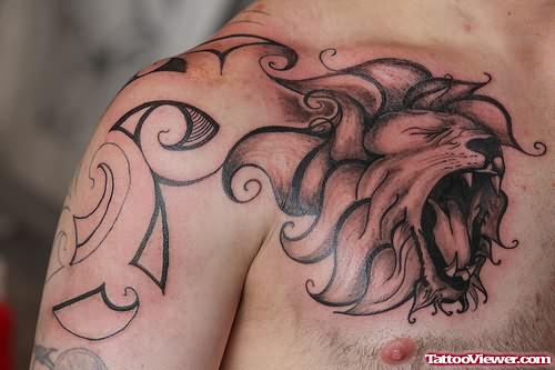 Roaring Lion Face Tattoo On Chest