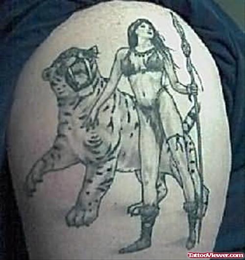Lion And Girl Tattoo Design On Back