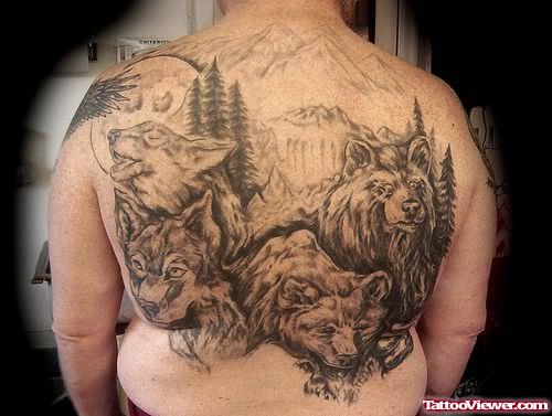 Lions And Forest Tattoo On Back