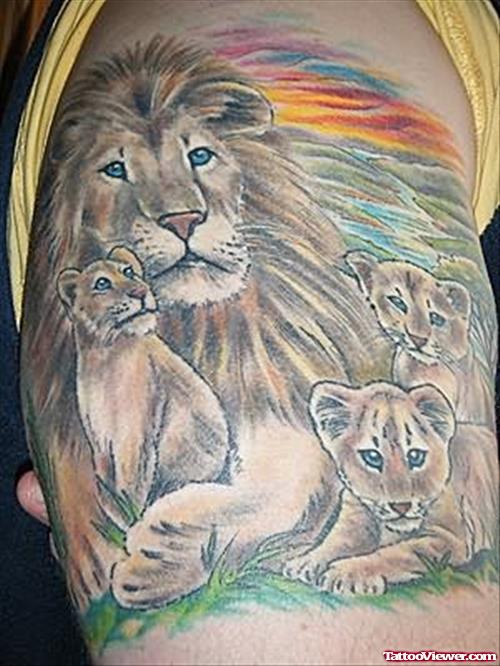 Beautiful Whole Lion Family Tattoo