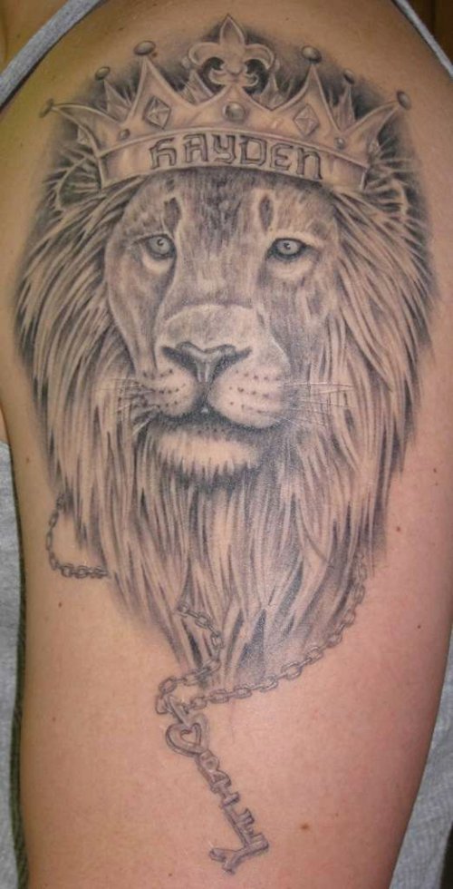 Left Shoulder Grey Ink Lion Tattoo