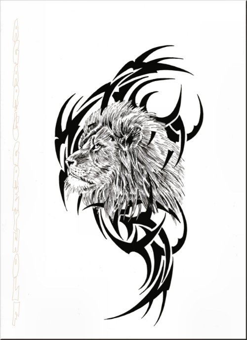 Black Tribal And Grey Lion Head Tattoo Design