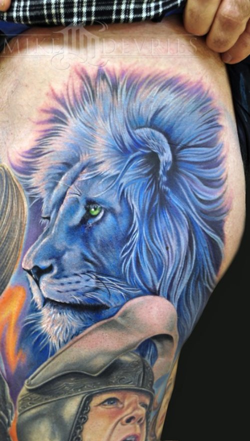 Blue Ink Lion Tattoo On Side