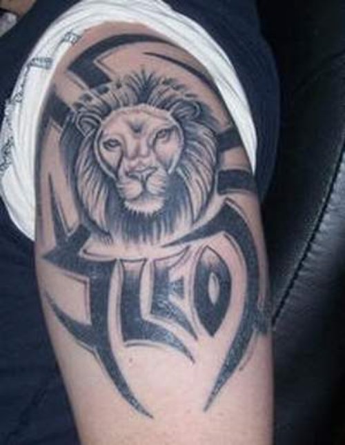 Tribal And Lion Head Leo Tattoo On Shoulder