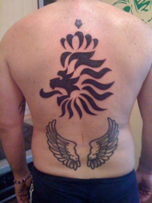 Wings and Tribal Lion Head Tattoo On Back