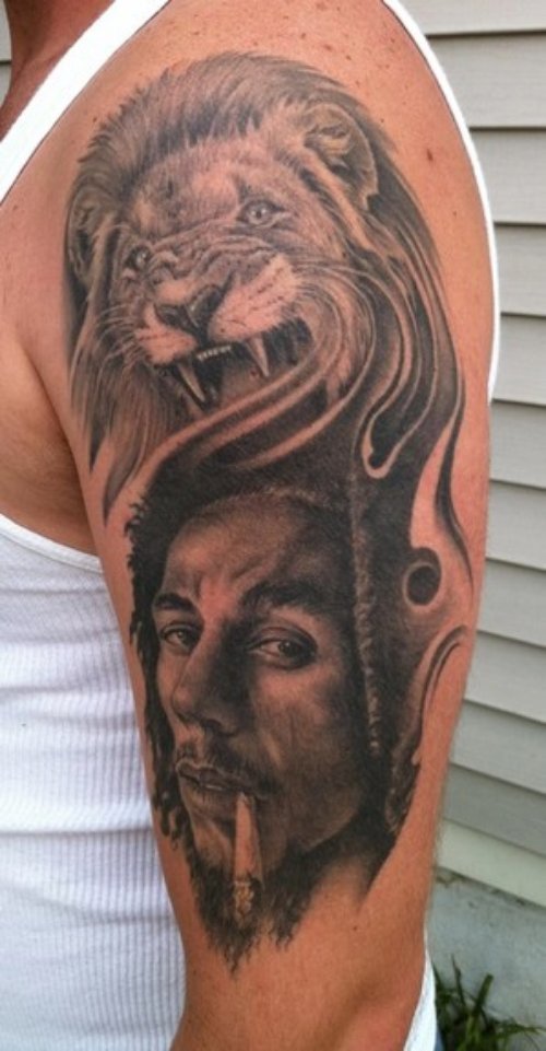 Amazing Grey Ink Lion Tattoo On Left Half Sleeve
