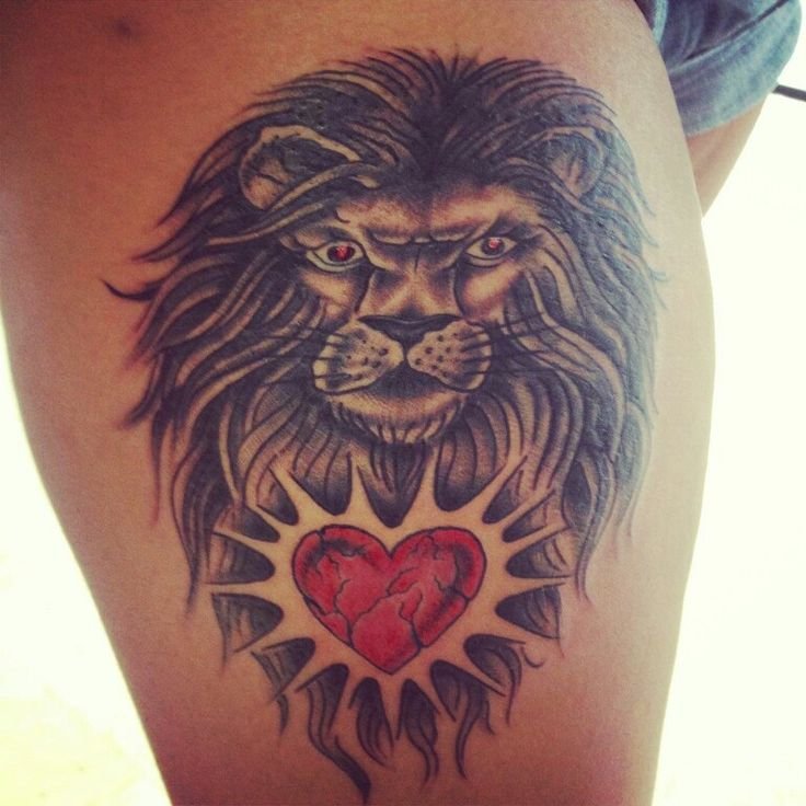 Red Heart And Lion Head Tattoo