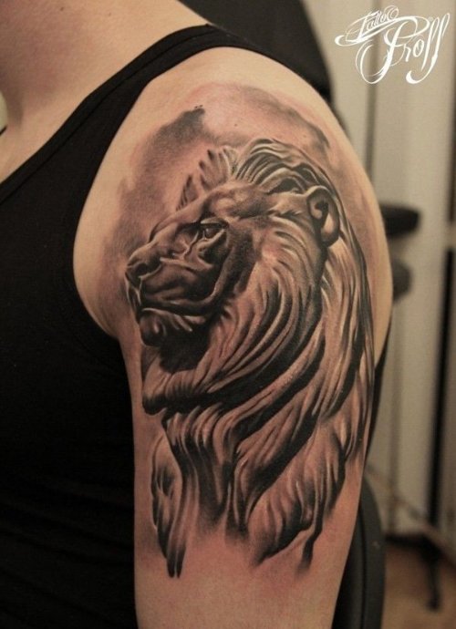 Nice Lion Tattoo On Left Half Sleeve