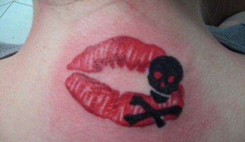 Pirate Lips Tattoo On Upper Back