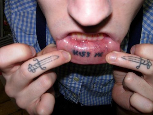 Kiss Me Inner Lip Tattoo For Guys