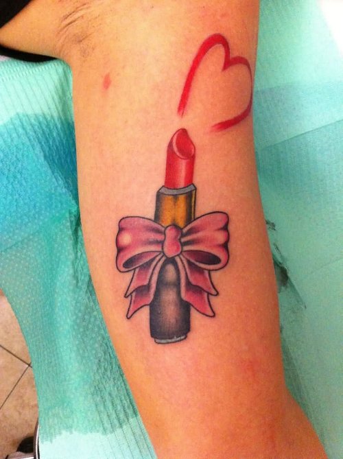 Amazing Red Heart And Lipstick Tattoo On Leg