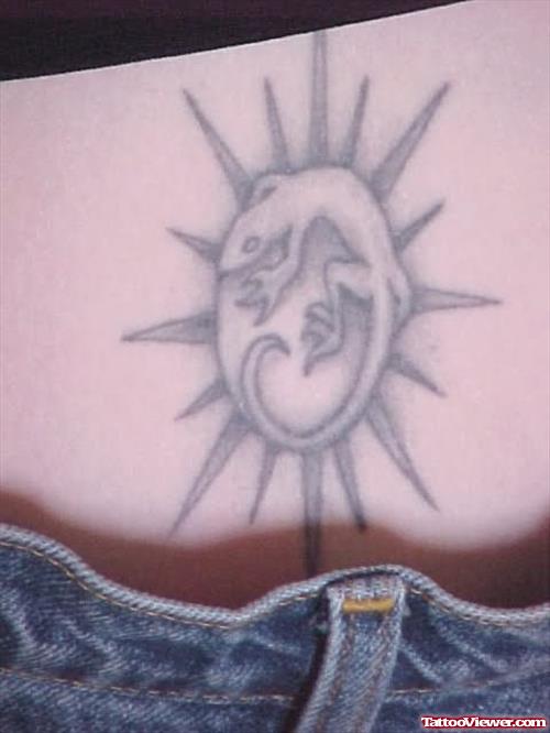 Grey Shade Sun And Lizard Tattoo