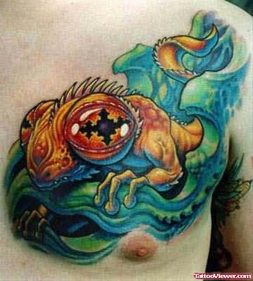 Big Eyes Lizard Tattoo On Chest