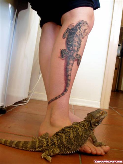 Large Tattoo Of Lizard On Leg