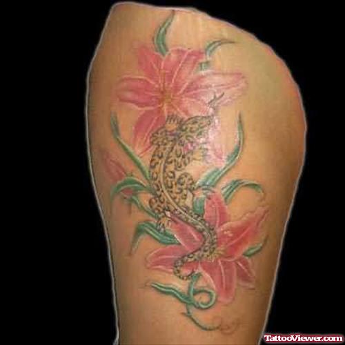 Lilly Flowers And Lizard Tattoo