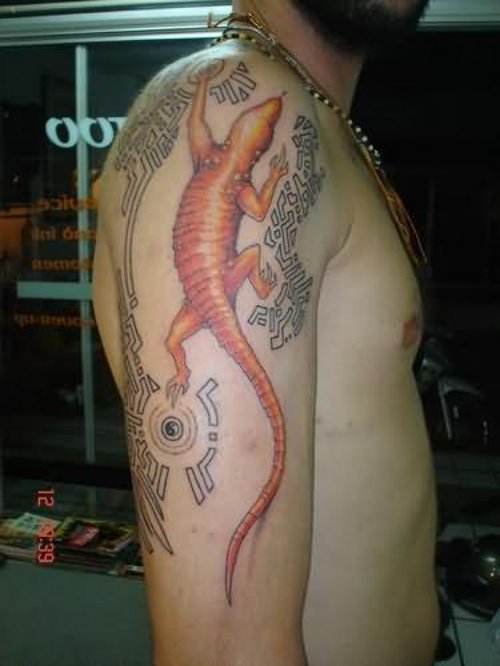 Celtic Orange Lizard Tattoo On Shoulder