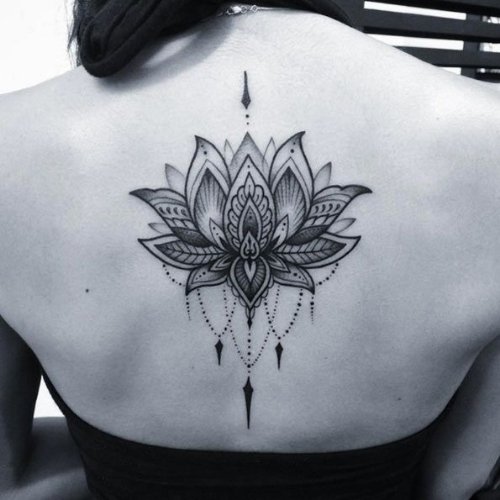 Black Lotus With Jewels Tattoo On Back