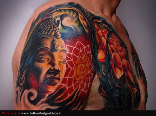 Colored Buddha Head And Lotus Tattoo On Right Shoulder