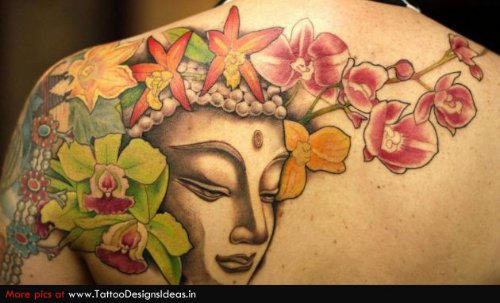 Buddha Head and Flowers Tattoos On Back