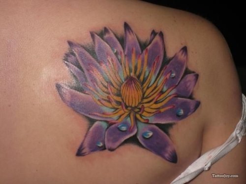 Purple Lotus Tattoo On Right Back Shoulder