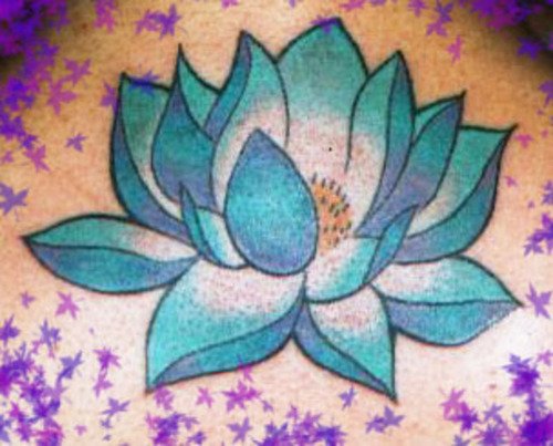 Blue Ink Lotus Tattoo On Upperback