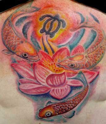 Koi Fish and Lotus Tattoos On Back