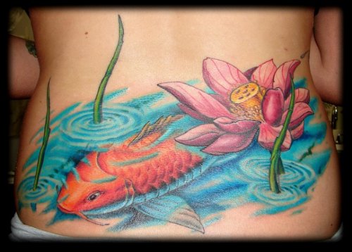 Color Koi Fish And Lotus Tattoo On Lowerback