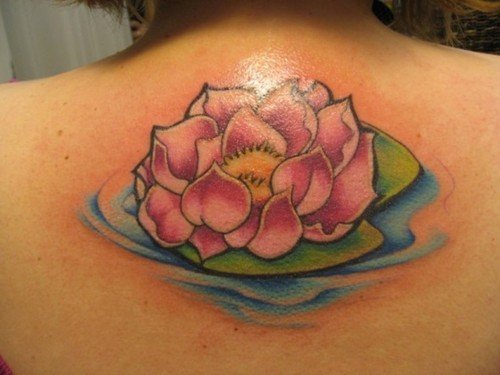 Upper Back Pink Lotus Flower Tattoo For Girls