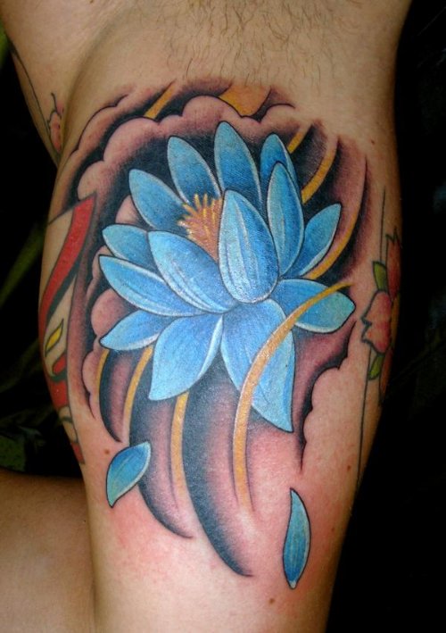 Beautiful Blue Lotus Tattoo On Muscles