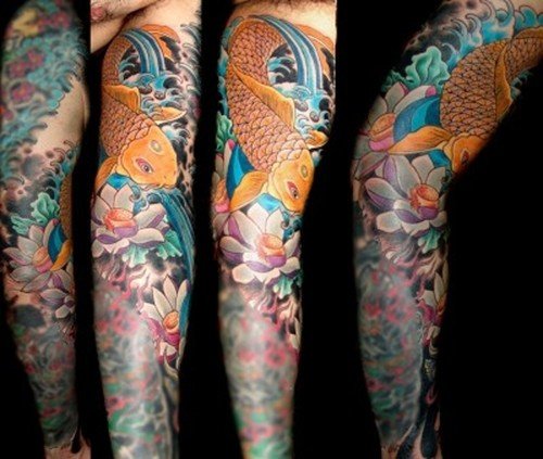 Color Koi Fish And Lotus Flower Tattoo On Sleeve