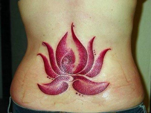Red Ink Lotus Tattoo On Lowerback