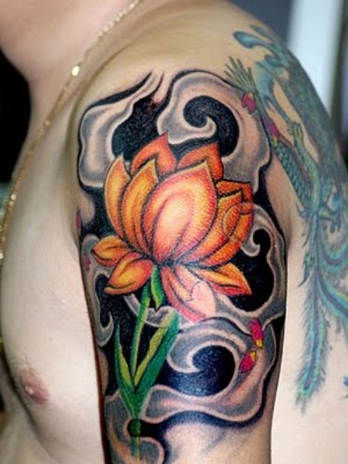 Color Lotus Flower Tattoo On Left Half Sleeve