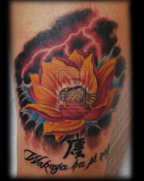 Awful Color Lotus Tattoo On Sleeve