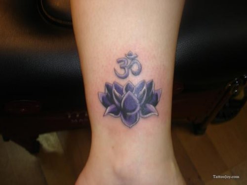 Om Symbol and Lotus Flower Tattoo On Ankle