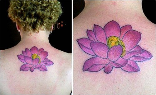 Purple Ink Lotus Flower Tattoo On Upperback