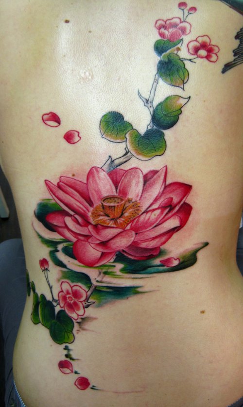 Fantastic Lotus Flower Tattoo On Back